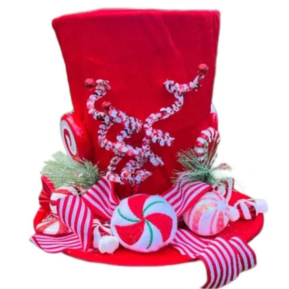 Red Candy Cane Candyland Peppermint Top Hat Decoration Christmas Tree Topper - Picture 1 of 8